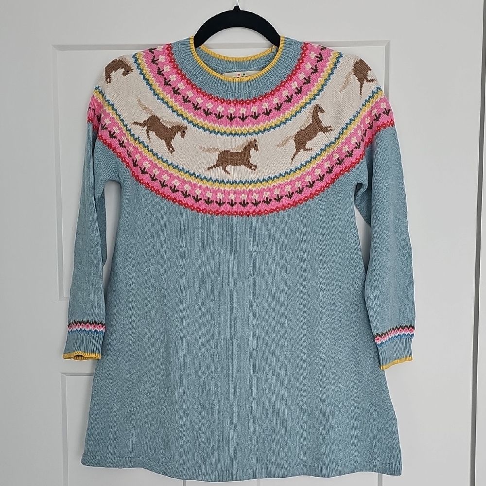 Mini Boden Light Blue Fair Isle Horse Yoke Dress with Pink and Cream Accents
